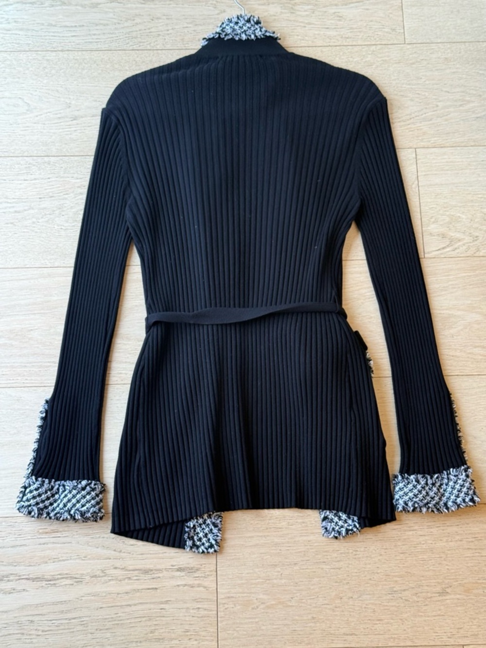 Belldini Black Ribbed Longline Cardigan w/ Tweed Trim Belted Size L Stretchy - Picture 3 of 3